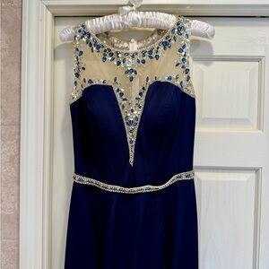 Elegant Navy Beaded Illusion Neck Evening Dress